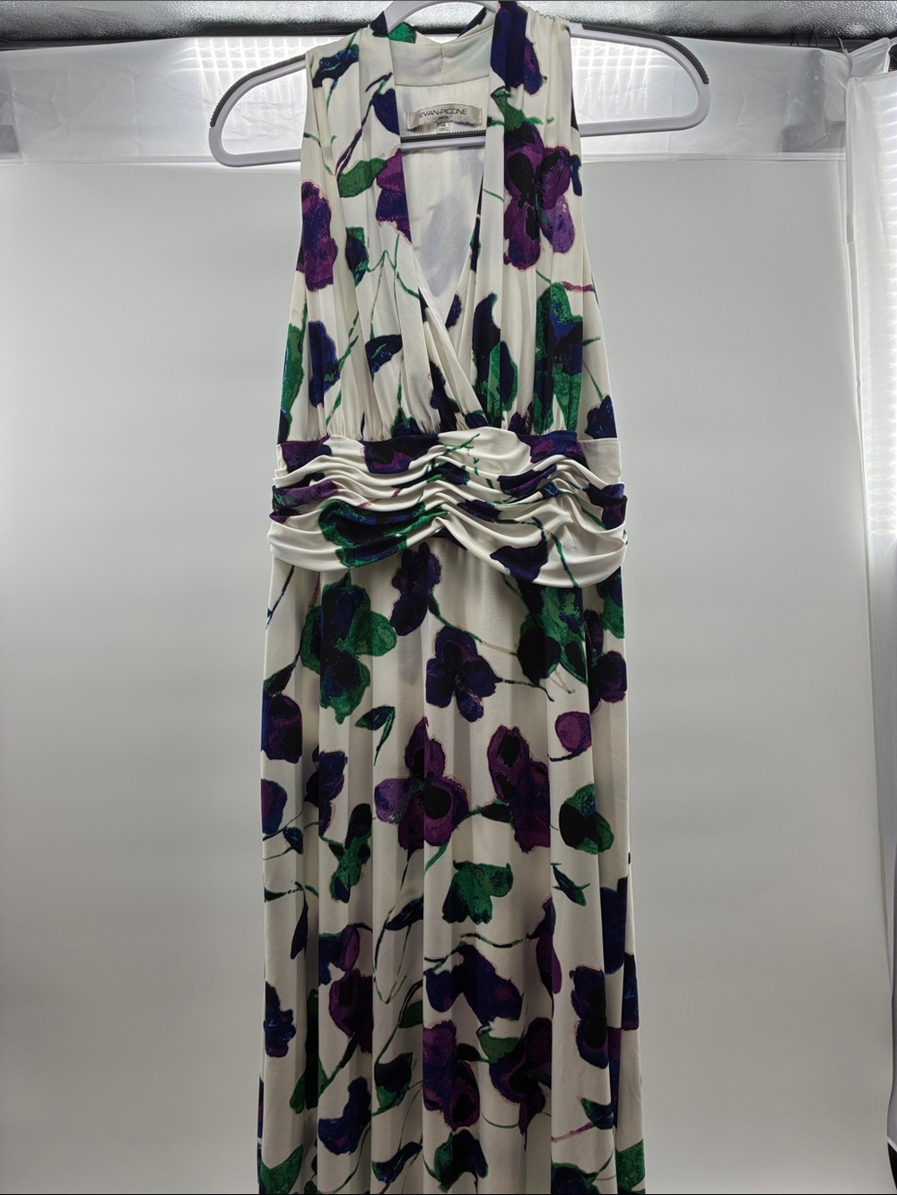 Evan Picone White Maxi Dress with Purple and Green Floral Print